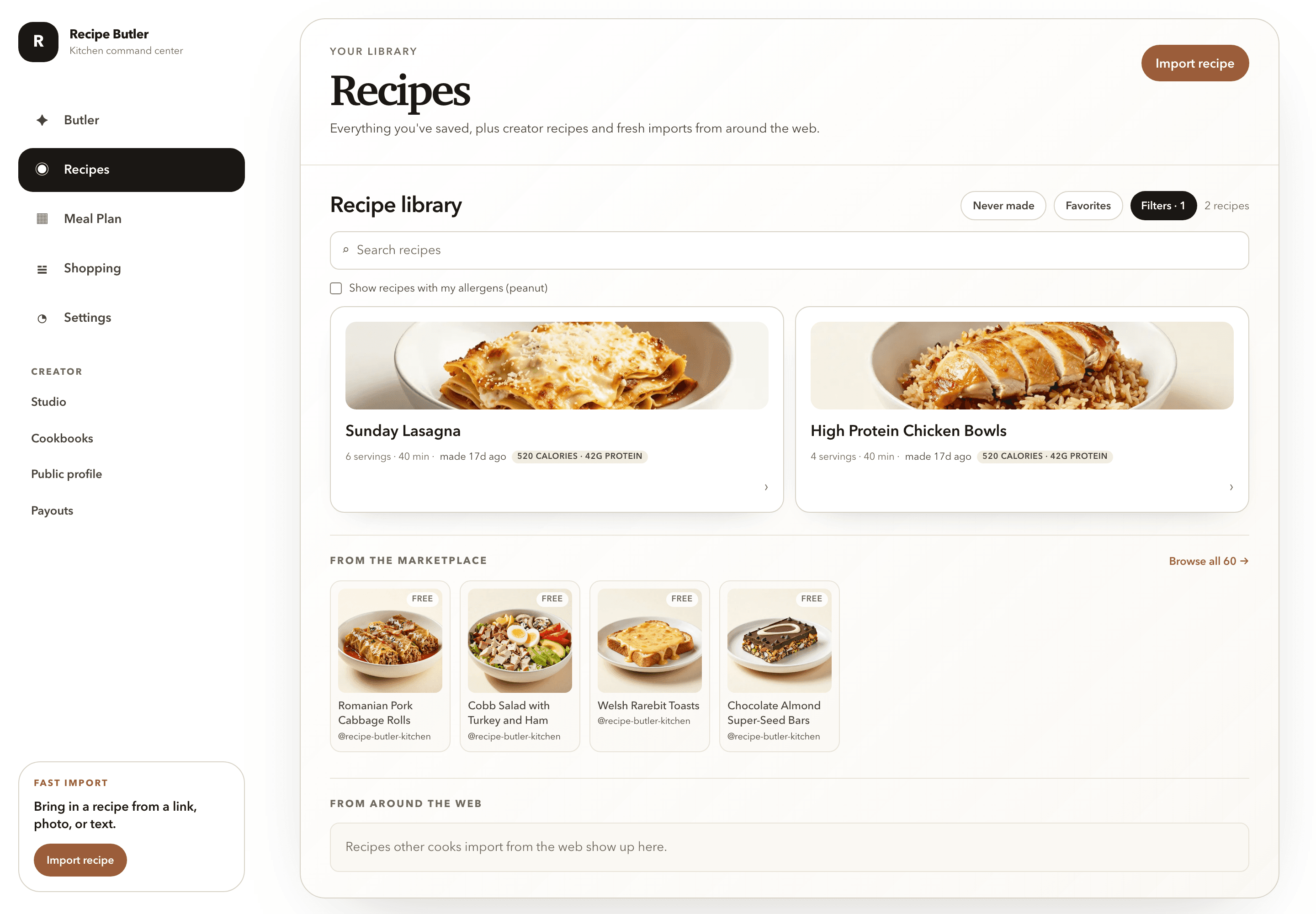 The Recipe Butler library: saved recipes with per-serving calories and protein, plus free creator recipes from the marketplace