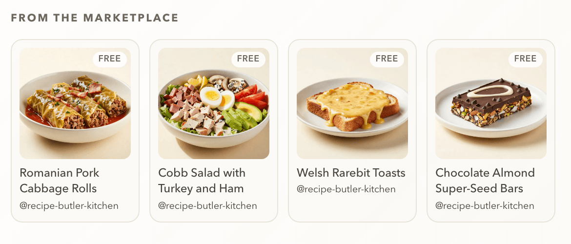 Free creator recipes in the marketplace row of a cook's library: cabbage rolls, Cobb salad, Welsh rarebit toasts, and super-seed bars